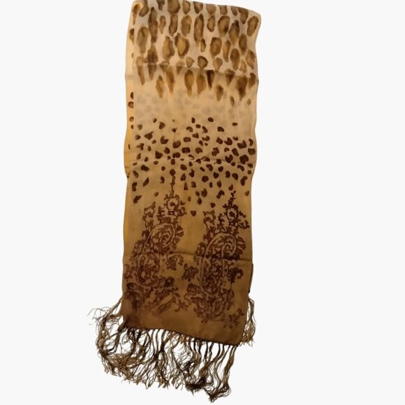 Scarf Paisley Leopard Vintage Gold Brown Print 10X60 Fringed Edge - Picture 1 of 8